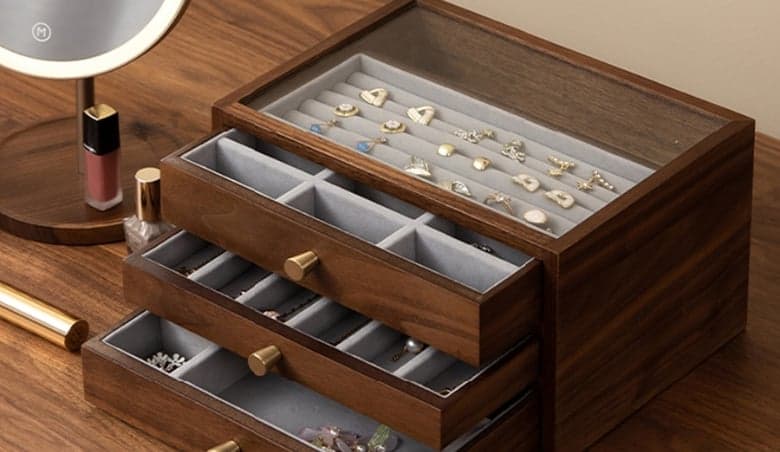 Wooden Jewelry Box with Glass Cover Earring Bracelet Necklace Organizer Case in WalnutBy Homary