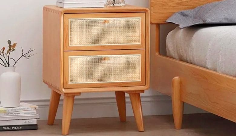 Japandi Natural Rattan Nightstand Solid Wood Bedside Table with 2 Drawers By Homary