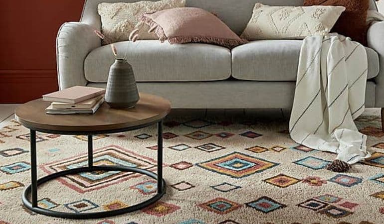 Rita Moroccan Wool Shaggy Rug Cream, Blue and Yellow by Dunelm