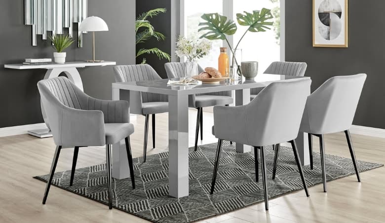Pivero Grey High Gloss Dining Table u0026 6 Grey Calla Black Leg Velvet Chairs By FurnitureBox