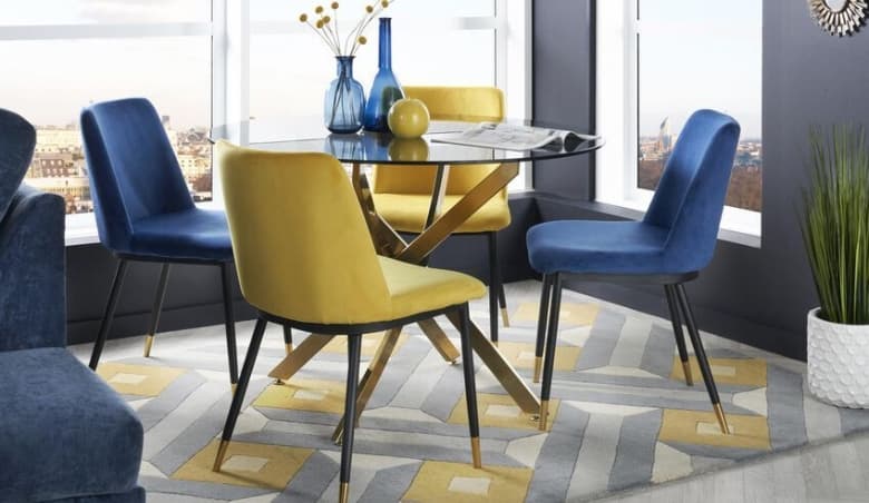 Montero Bistro Dining Table, 2 Blue Chairs u0026 2 Mustard ChairsnBy SCSn