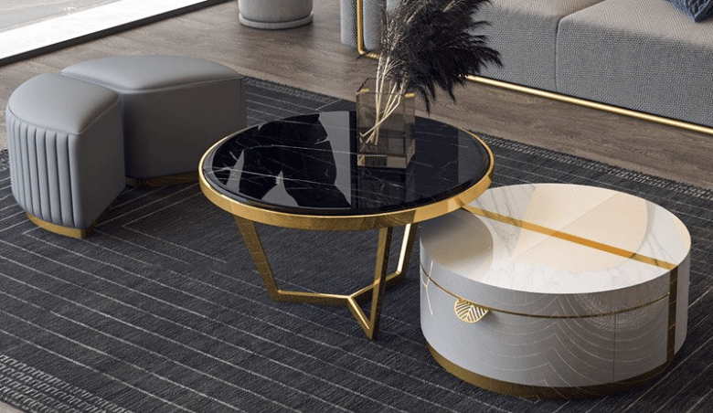BlackWhite Nesting Coffee Table with Ottomans Faux Table and Stool by Homary