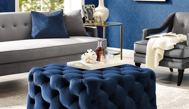 Tufted Cocktail Ottoman Deep Blue Velvet Ottoman Coffee Table Pouf by Homary via uFurnish.com