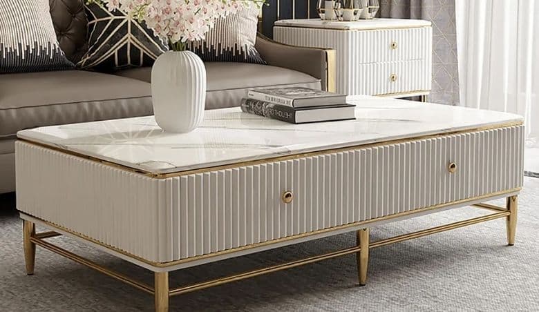 White Faux Marble Rectangle Coffee Table in Gold with Storage 4 Drawers 51.2 by Homary via uFurnish.com