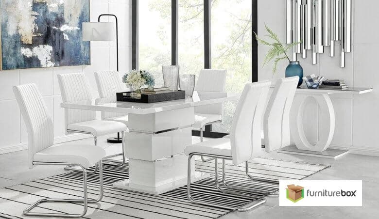 Apollo Chrome High Gloss White Dining Table And 6 Lorenzo Chairs Set