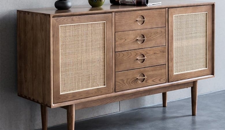 Cottage Walnut Sideboard Buffet Rattan with 2 Doors 4 Drawers By Homary