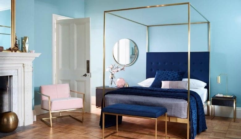 Gillmore Bed Federico Brass Frame u0026 Canopy Midnight Blue Upholstered Headboard Bed Double by Olivia's