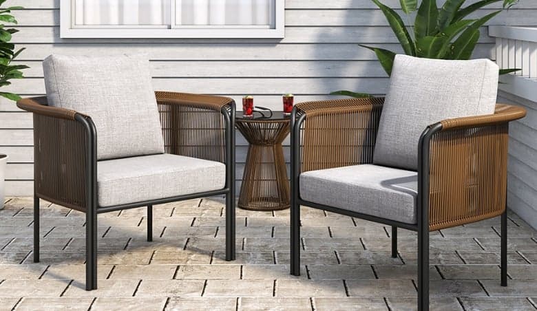 3Pcs Modern Coffee Rattan Outdoor Sofa Set with Glass Top Coffee Table and Gray Cushion By Homary