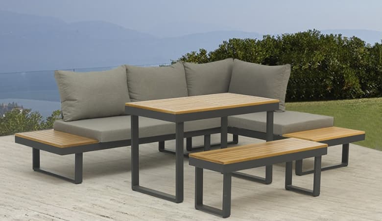 4 Pieces Aluminum Wood Outdoor Sectional Sofa Set for 5 Person with Dining Table in Grey By Homary