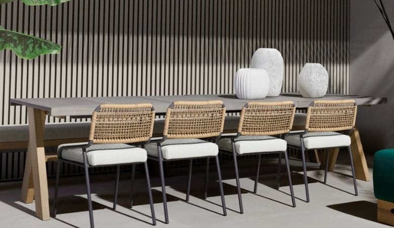 9Pcs Mid Century Modern Outdoor Dining Set Marble u0026 Wood Table u0026 Aluminum Rattan Chair By Homary