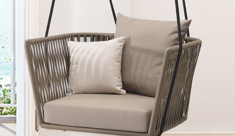 Traditional Outdoor Hanging Chair Rattan Porch Swing Chair with Khaki Cushion Pillow by Homary