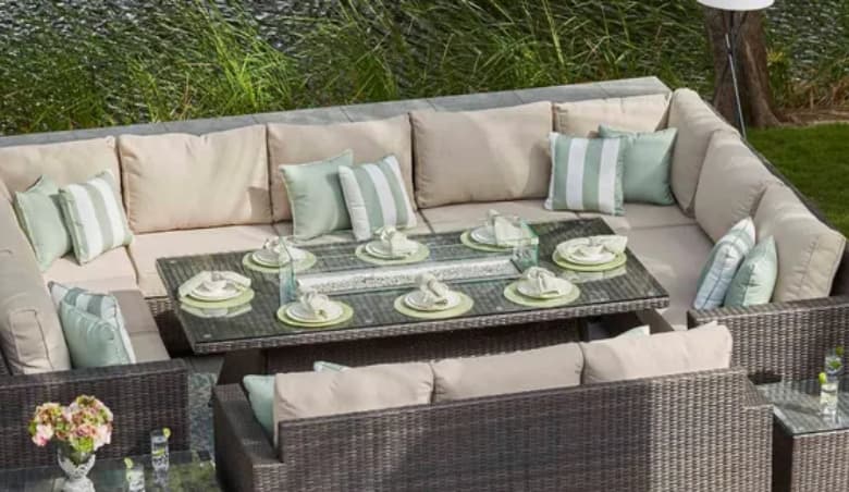 12 Seat Rattan Sofa With Gas Fire Pit Dining Table By Moda Furnishings