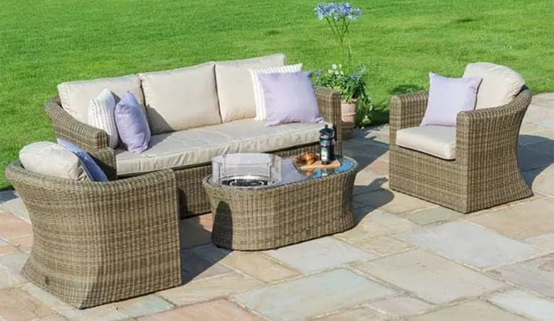 Maze Rattan Winchester 3 Seat Sofa Set with Fire Pit Coffee Table By Cuckooland