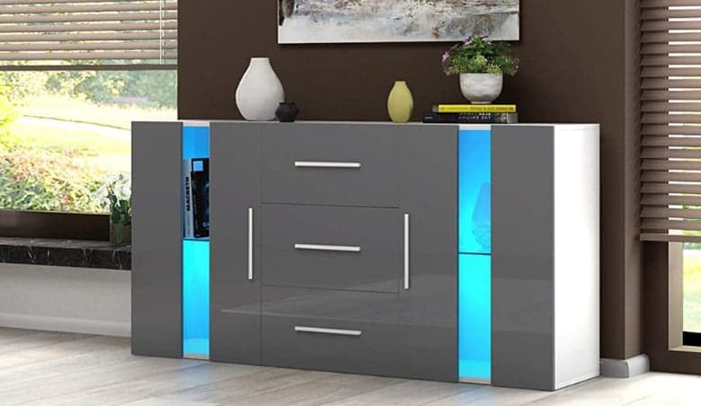 2 Doors 3 Drawers Sideboard Cupboard Unit Cabinet RGB LED Lighted Storage (Gray) By Wayfair