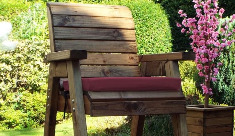 Scandinavian Redwood Natural Garden Rocking Chair by Charles Taylor with Burgundy Cushions By Cherry Lane Garden Centres