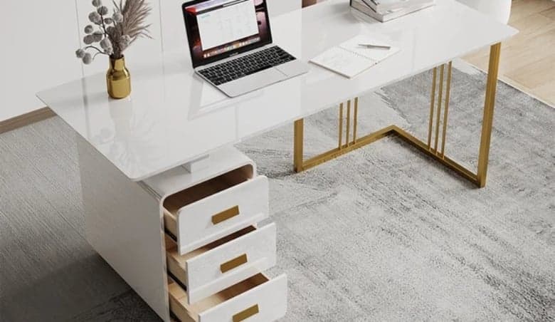1400mm Modern White Office Desk with Drawers File Cabinet in Gold Base By Homary