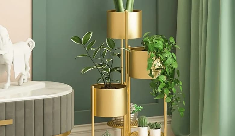 800mm Tall Metal Plant Stand Indoor Modern 3 Tier Corner Planter in Gold By Homary