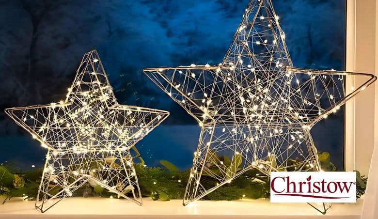 Christow - Light Up Star Christmas Ornament Silver Wire Micro LED Decoration Set