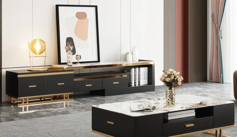 Stonesk Modern TV Stand u0026 Coffee Table Set for 2540mm TV in Black with Drawers By Homary