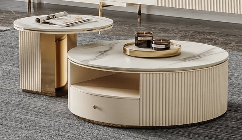 Mytures Modern Round Nesting Coffee Table with Storage White Sintered Stone Set of 2 By Homary