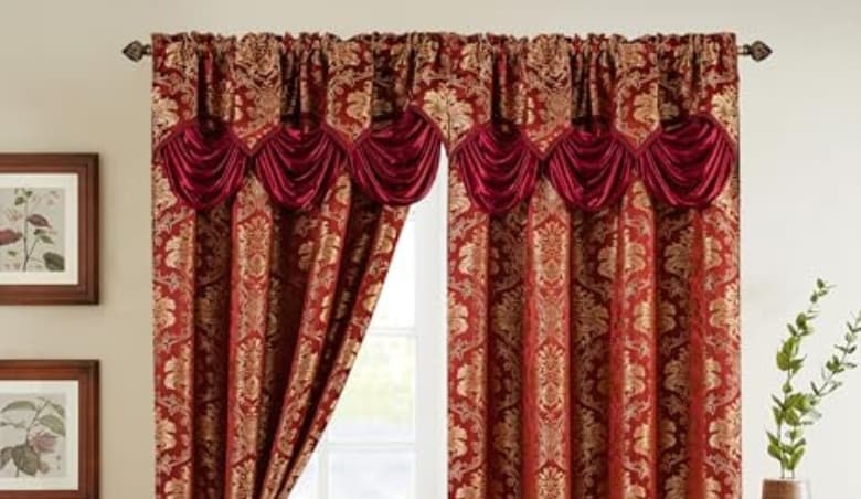 Jacquard Look Curtain Panel Set with Attached Waterfall Valance, Burgundy by Amazon