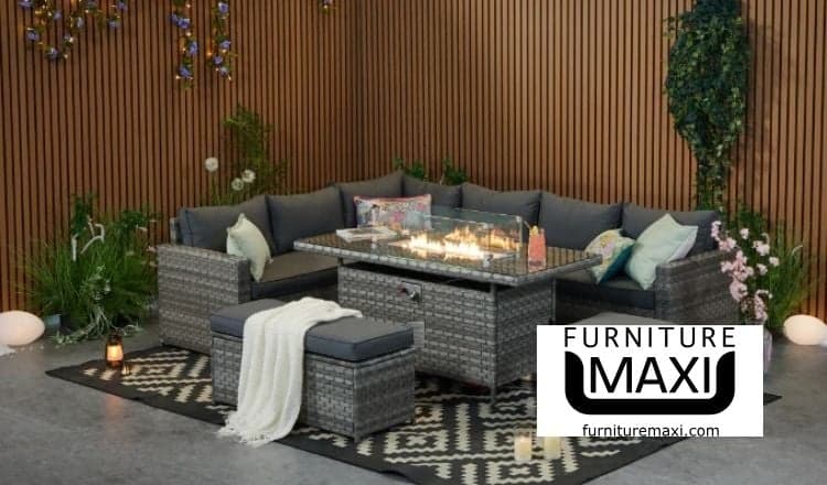 Barcelona Rattan 9 Seater Corner Sofa Set with Fire pit Dining Table by Furniture Maxi >