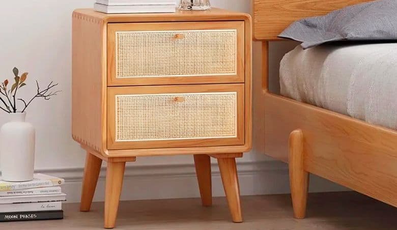 Japandi Natural Rattan Nightstand Solid Wood Bedside Table with 2 Drawers By Homary