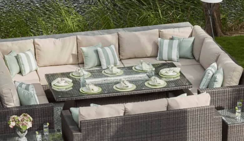 12 Seat Rattan Sofa With Gas Fire Pit Dining Table By Moda Furnishings