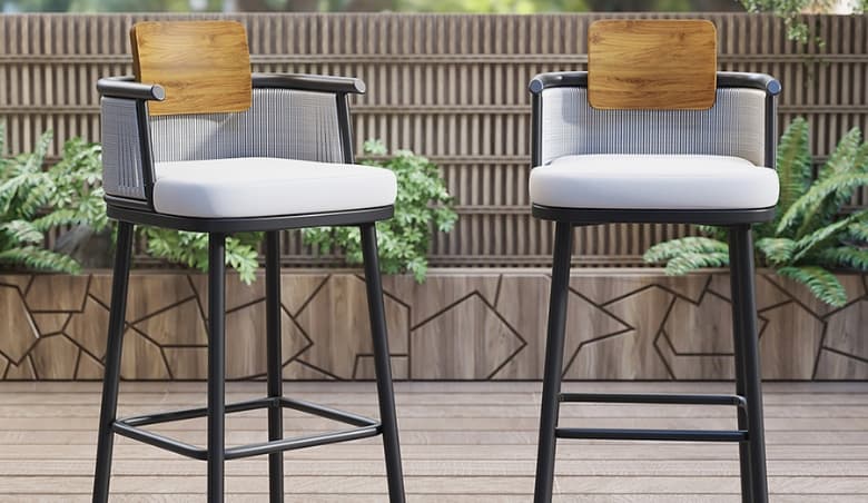 2 Pieces Outdoor Patio Teak u0026 Aluminium 1050mm Bar Stools Set with Backs by Homary