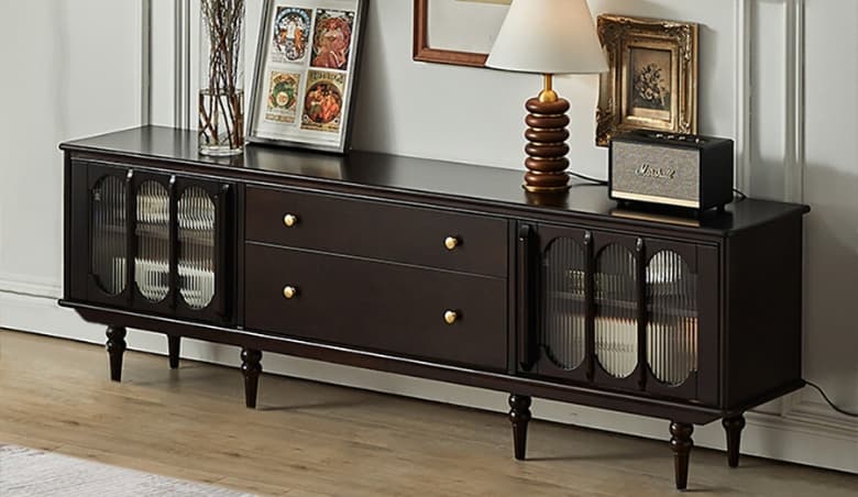 Black Walnut Glass Door TV Stand with Storage u0026 2 Drawers by Homary