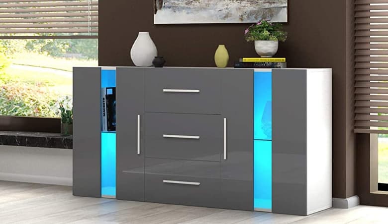 2 Doors 3 Drawers Sideboard Cupboard Unit Cabinet RGB LED Lighted Storage (Gray) By Wayfair