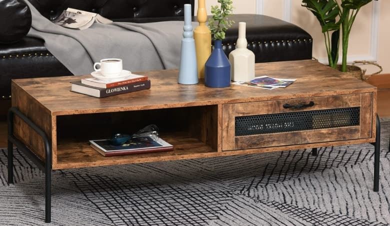 Industrial Coffee Table With Drawer And Open Storage Compartment, Metal Legs, For Living Room, Rustic BrownnBy Wayfair
