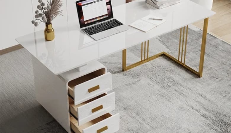 1400mm Modern White Office Desk with Drawers File Cabinet in Gold Base By Homary