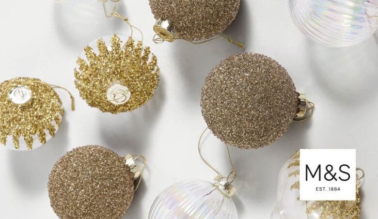 M&S - 9pk Gold Glass Embellished Baubles