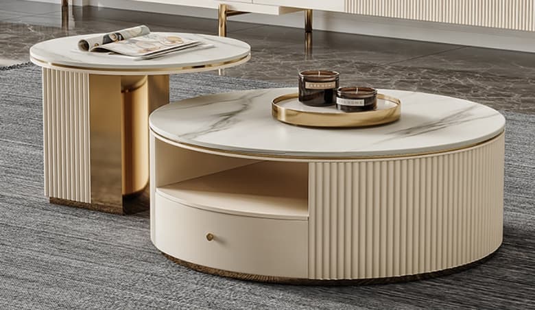 Mytures Modern Round Nesting Coffee Table with Storage White Sintered Stone Set of 2 By Homary