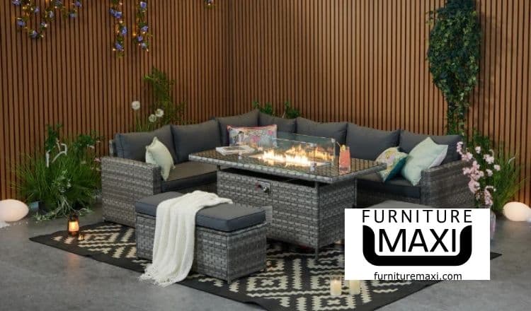 Barcelona Rattan 9 Seater Corner Sofa Set with Fire pit Dining Table by Furniture Maxi >